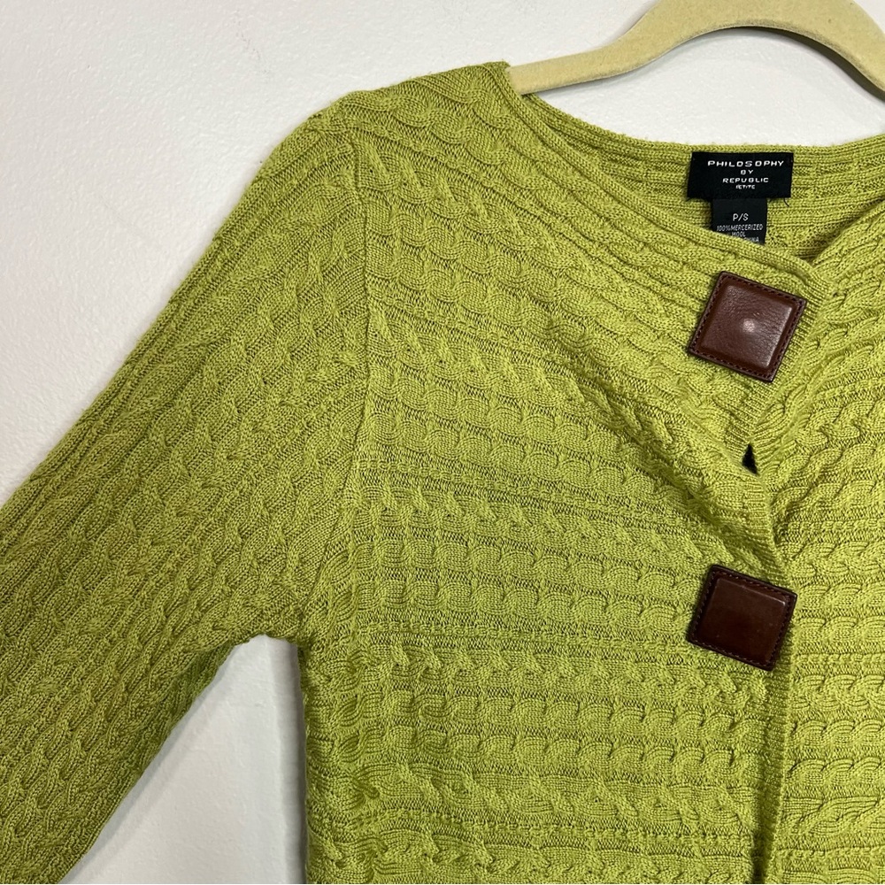PHILOSOPHY REPUBLIC Lime Green 100% Wool Cardigan Sweater size Small Petite - Picture 11 of 15